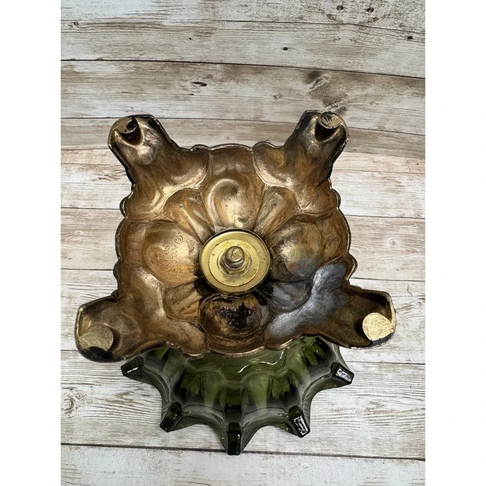 VTG 1970s Avocado Glass Candy Dish Lid Metal Pedestal Rare Hollywood Regency